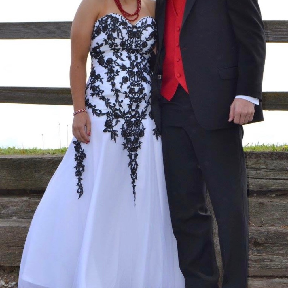 Black and white strapless prom dress.